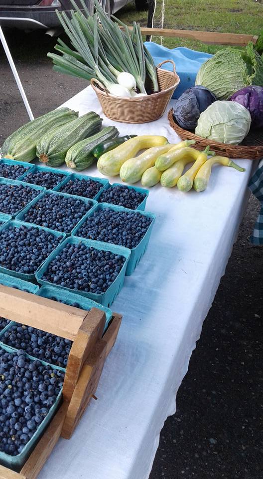 Farm in the Woods farmers' market display with blueberries and vegetables